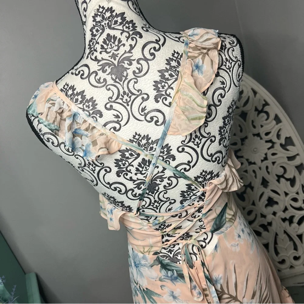 Lulus Sunrise Journey Blush Floral Lace Up Ruffle Mini Dress Size Small - Picture 13 of 16